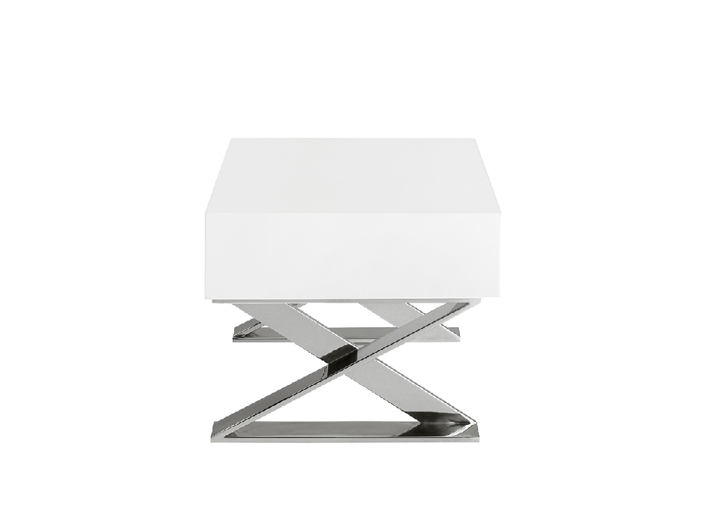 White wooden bedside table and chrome steel