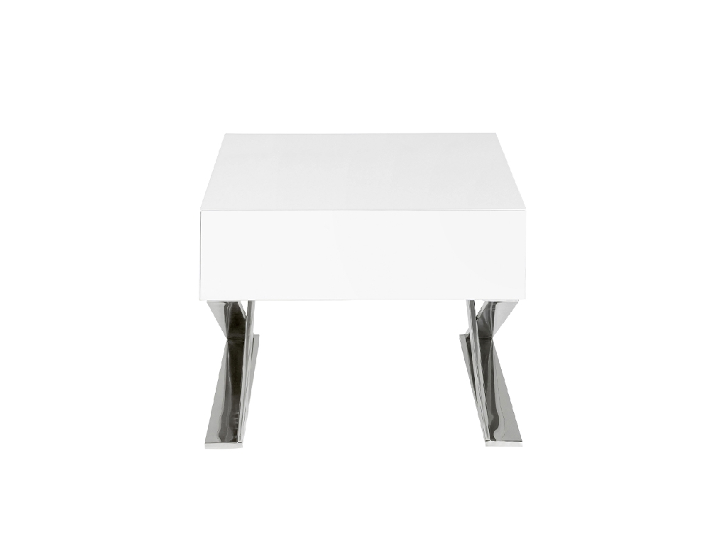 White wooden bedside table and chrome steel