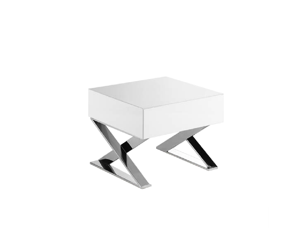 White wooden bedside table and chrome steel