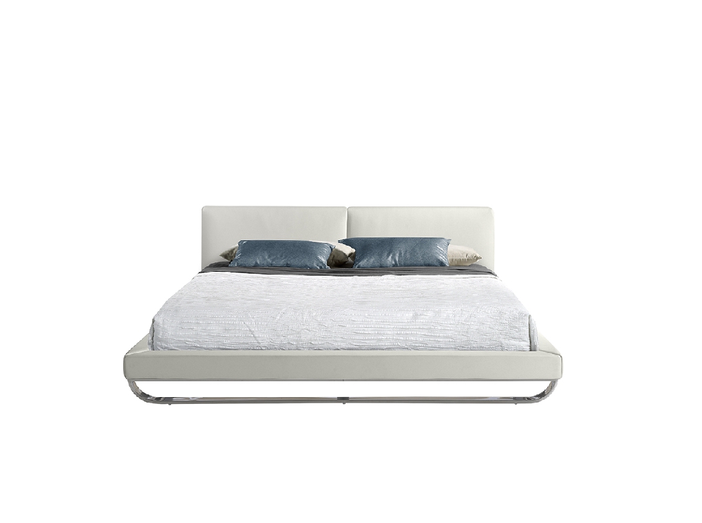 Bed upholstered in leatherette with polished steel legs