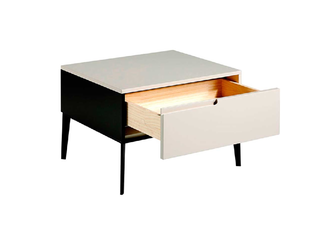 Lacquered bedside table with black steel legs Lacquered bedside table with black steel legs