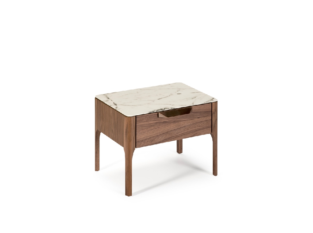 Fiberglass bedside table with Calacatta marble effect and Walnut wood