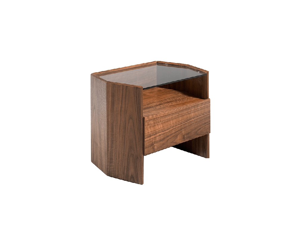 Hexagonal nightstand in walnut wood and tempered glass