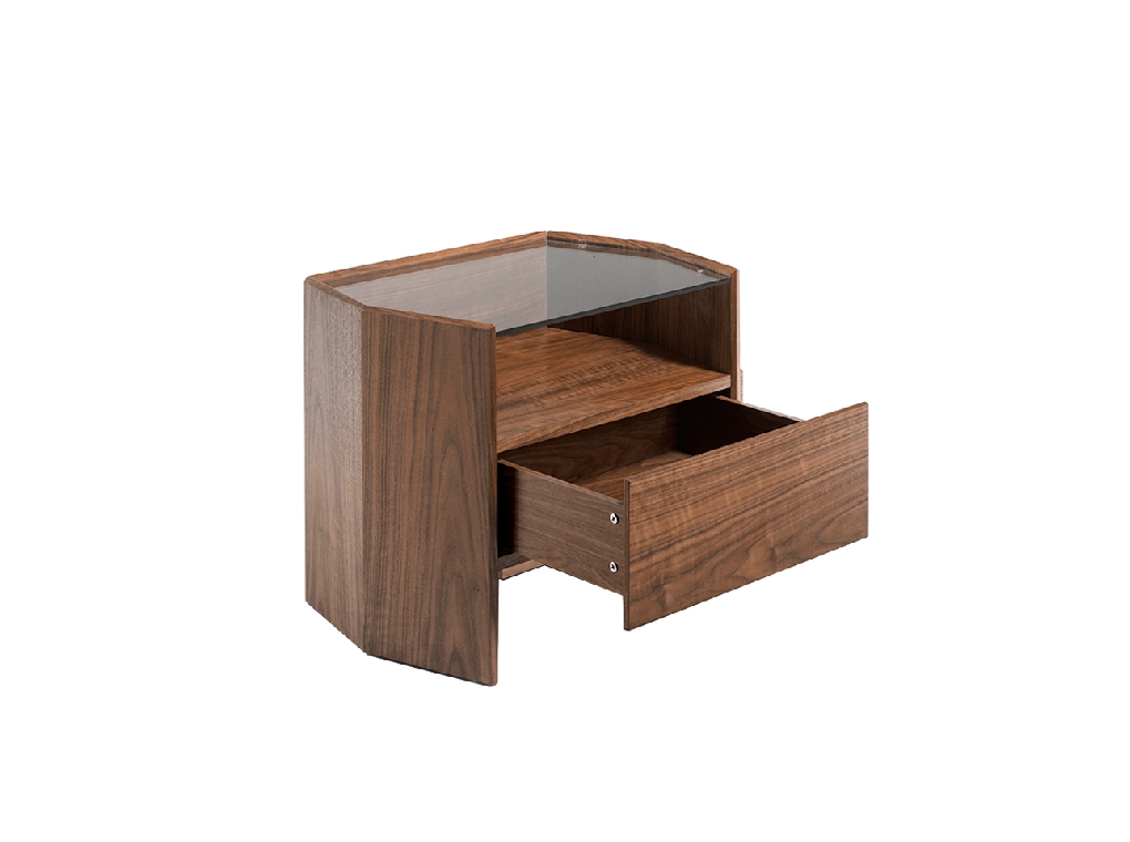 Hexagonal nightstand in walnut wood and tempered glass