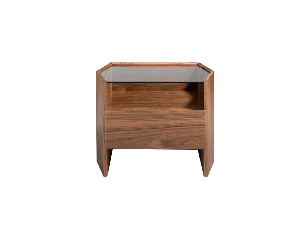 Hexagonal nightstand in walnut wood and tempered glass