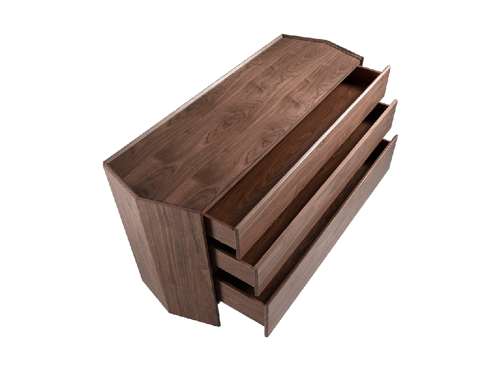 Hexagonal chest of walnut wood and tempered glass