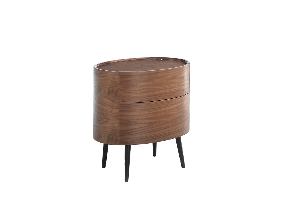 Oval bedside table in walnut wood and black steel legs