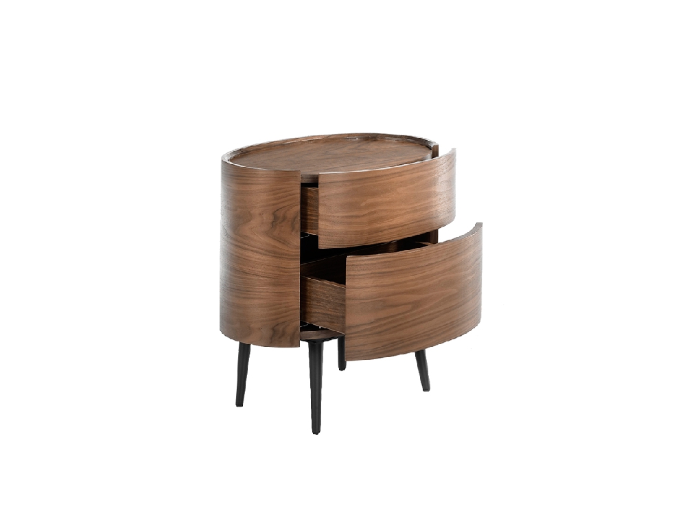 Ovaler Nachttisch aus walnussfurniertem Holz mit 2 versteckten Schubladen. Holzbeine schwarz lackiert.
