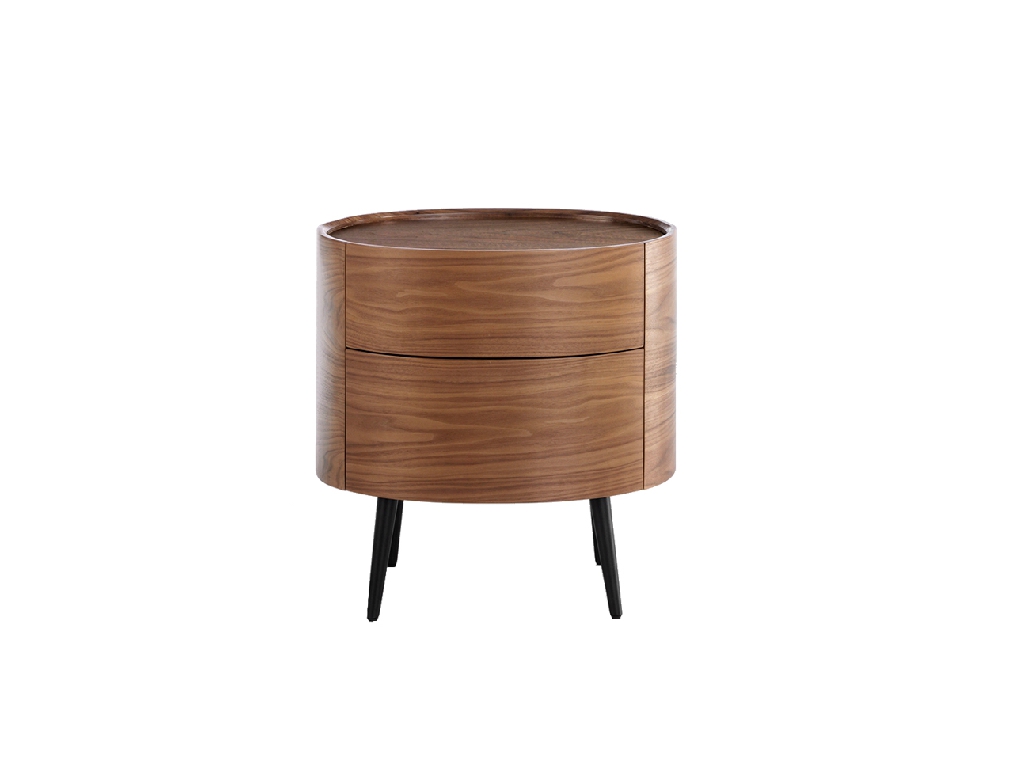 Oval bedside table made of walnut-veneered wood with 2 hidden drawers. Wooden legs painted in black.