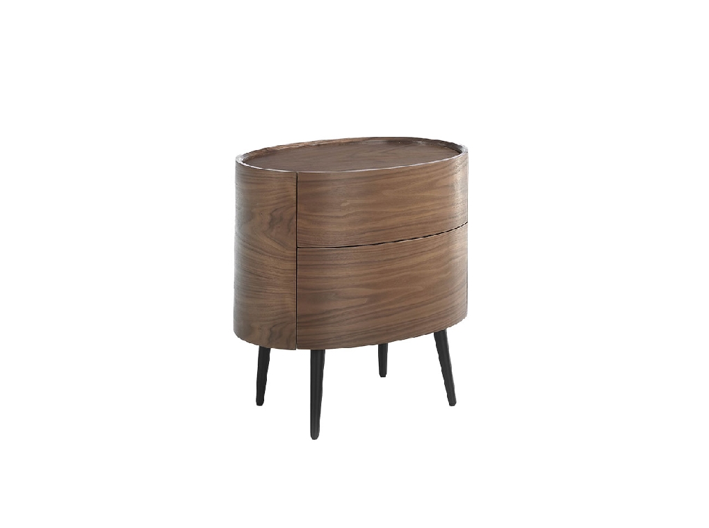 Oval bedside table in walnut wood and black steel legs