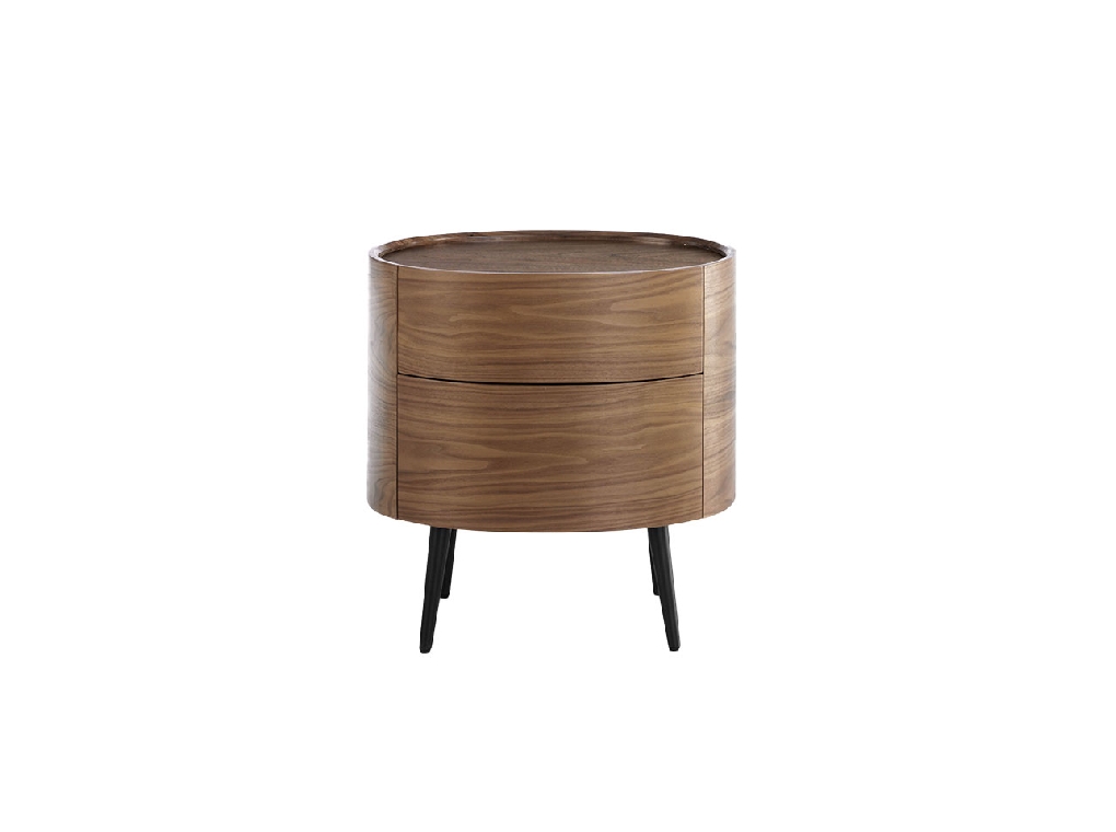 Oval bedside table in walnut wood and black steel legs