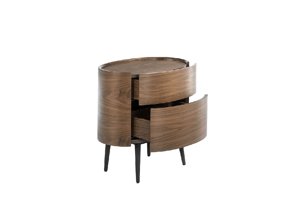 Oval bedside table in walnut wood and black steel legs