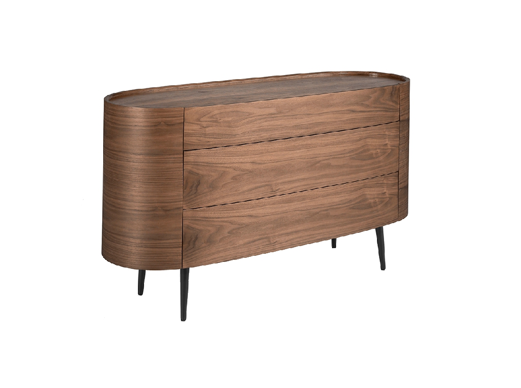 Oval chest of drawers in walnut coloured wood and black steel legs