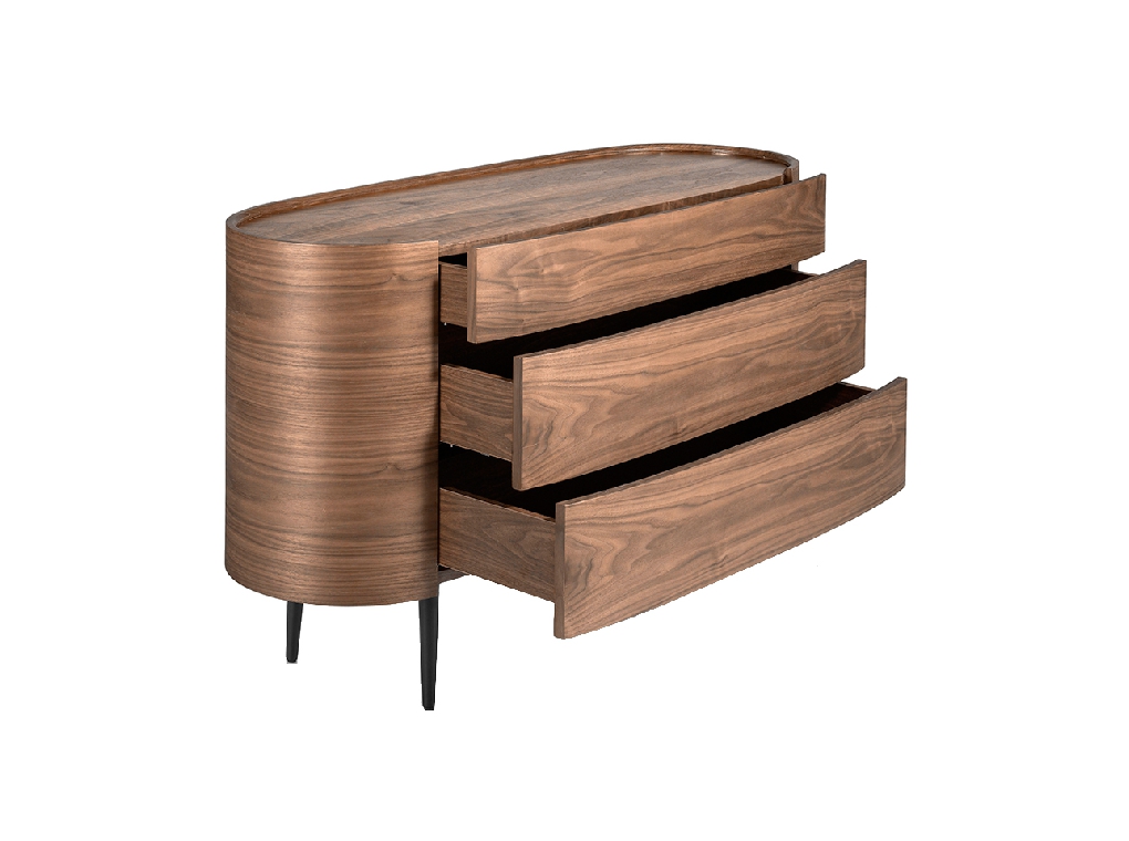 Oval chest of drawers in walnut-colored wood and black legs
