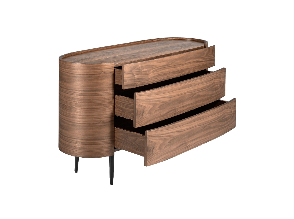 Oval chest of drawers in walnut coloured wood and black steel legs