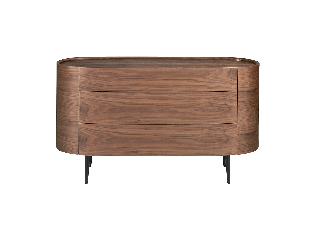 Oval chest of drawers in walnut-colored wood and black legs