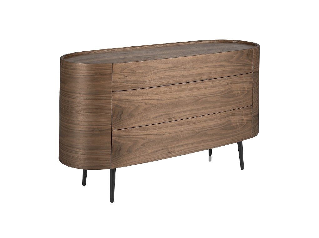 Oval chest of drawers in walnut coloured wood and black steel legs