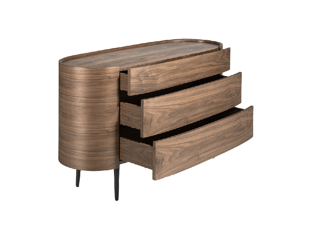 Oval chest of drawers in walnut coloured wood and black steel legs