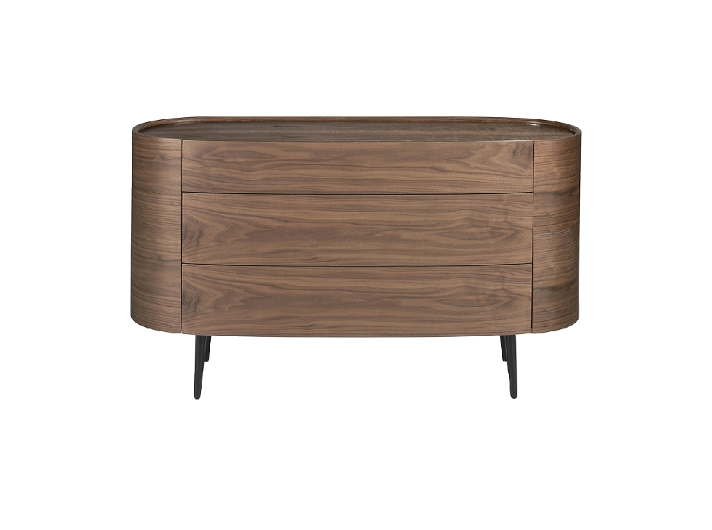 Oval chest of drawers in walnut coloured wood and black steel legs