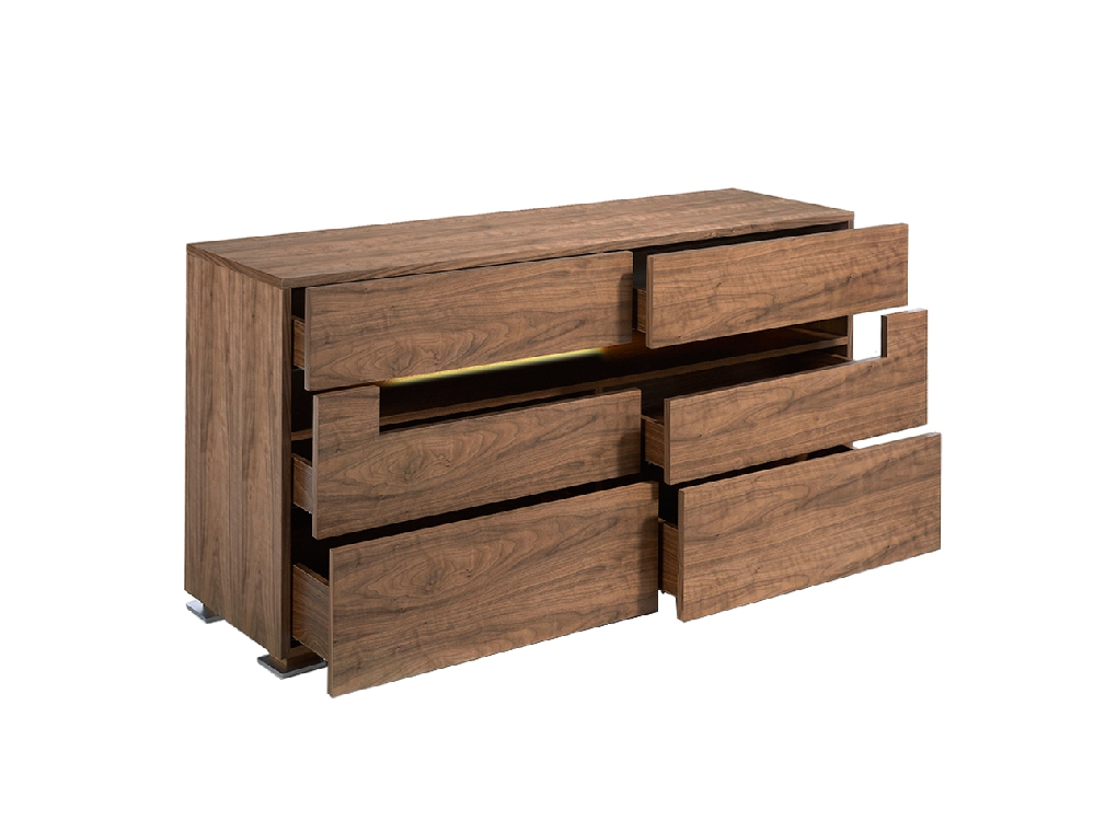 Walnut wood chest of drawers with interior led lighting