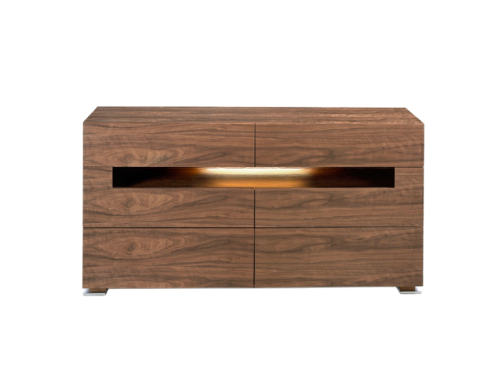 Walnut wood chest of drawers with interior led lighting