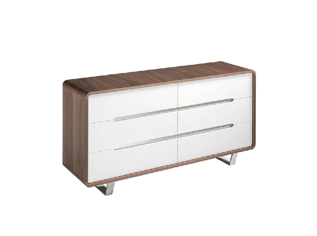 Walnut wood chest of drawers with white drawers and chrome steel