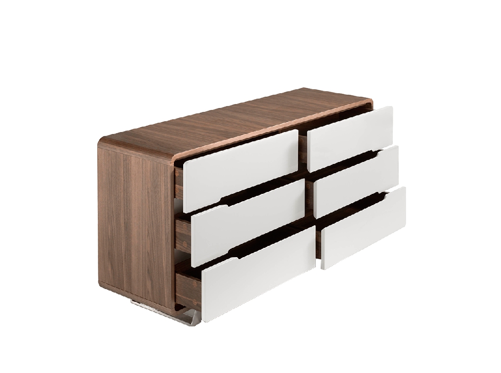 Walnut wood chest of drawers with white drawers and chrome steel
