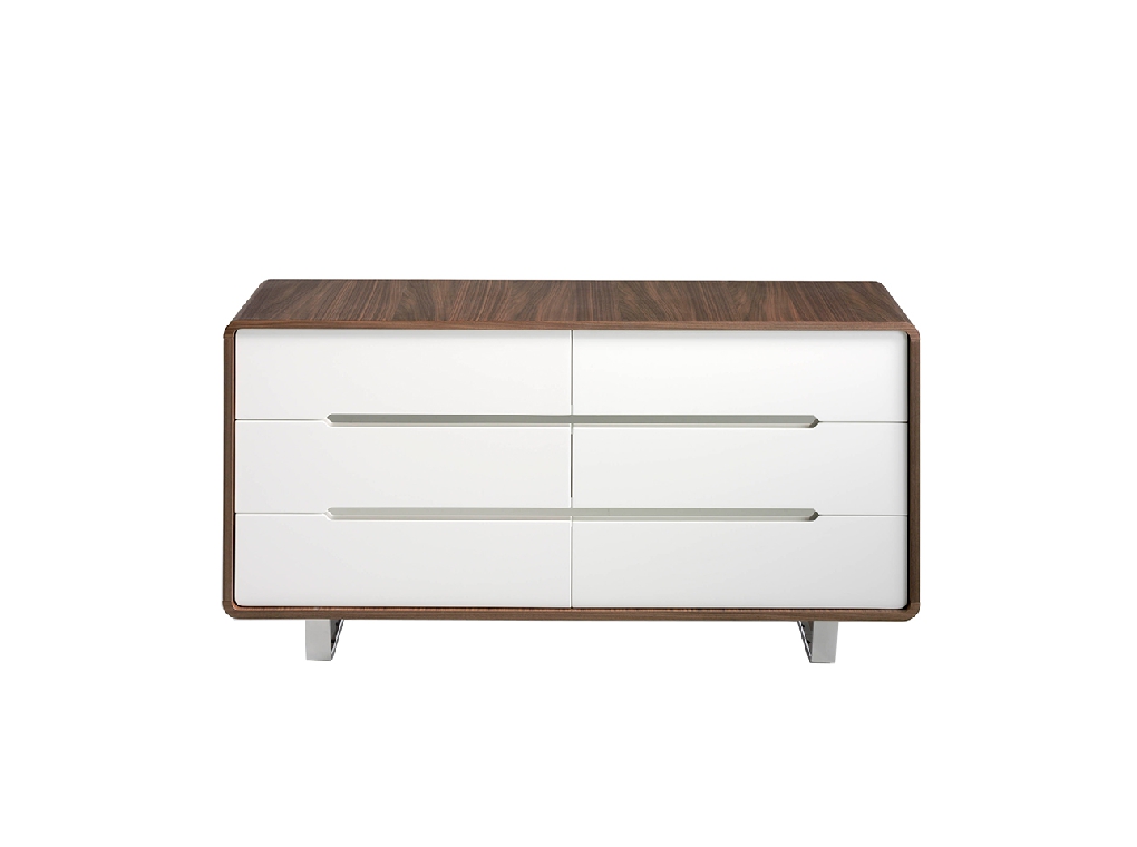 Walnut wood chest of drawers with white drawers and chrome steel