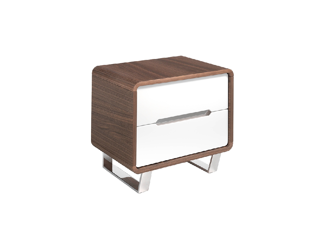 Walnut wood Nightstand with white drawers and chrome steel