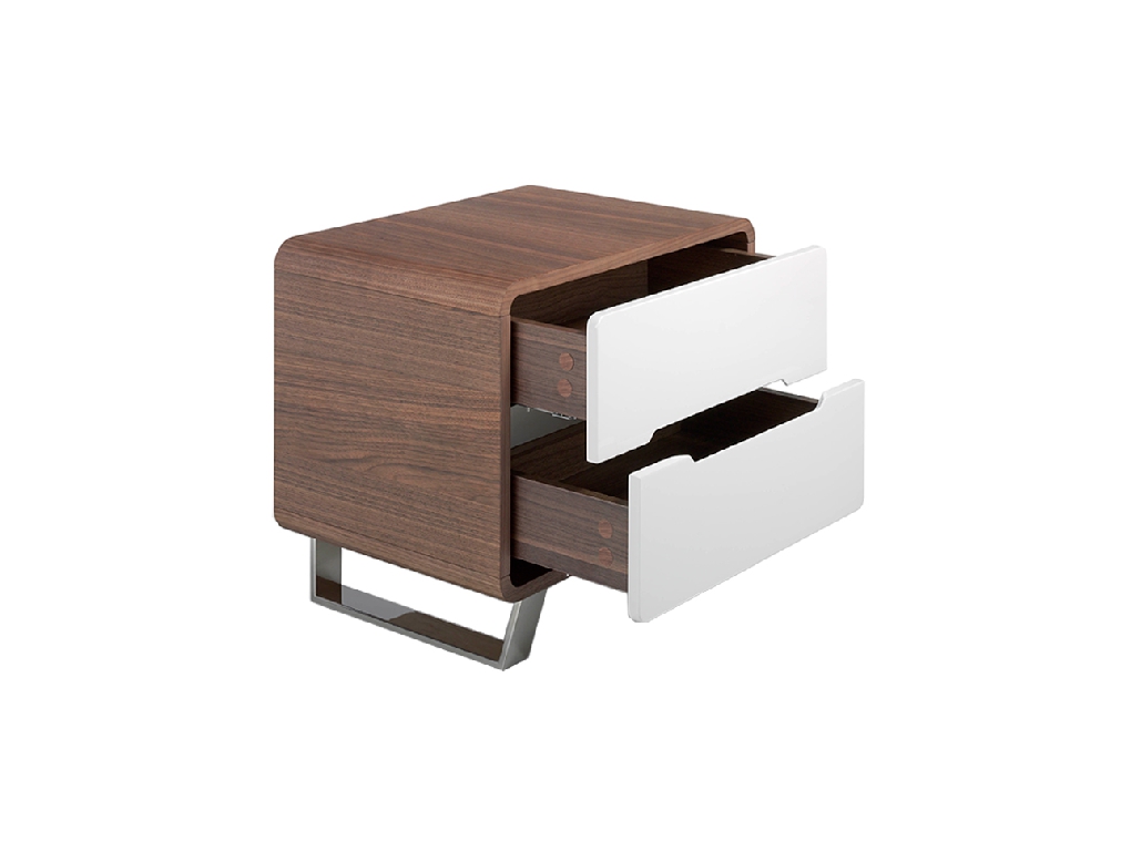 Walnut wood Nightstand with white drawers and chrome steel