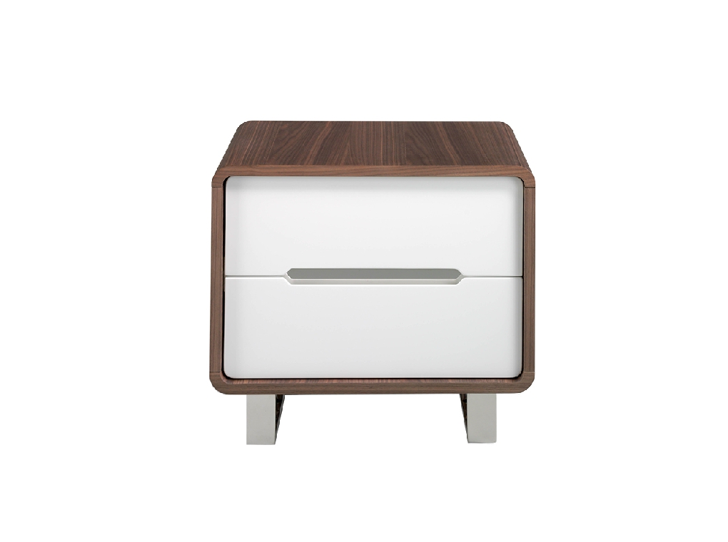 Walnut wood Nightstand with white drawers and chrome steel