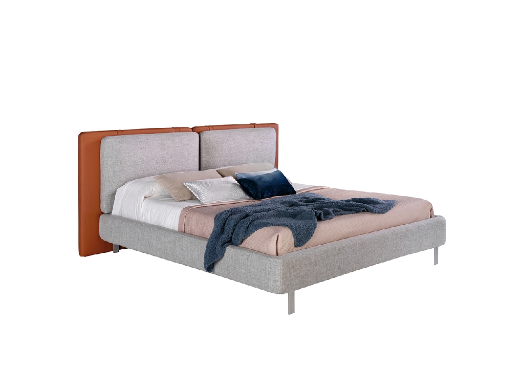 Bed upholstered in fabric and eco-leather with stainless steel legs