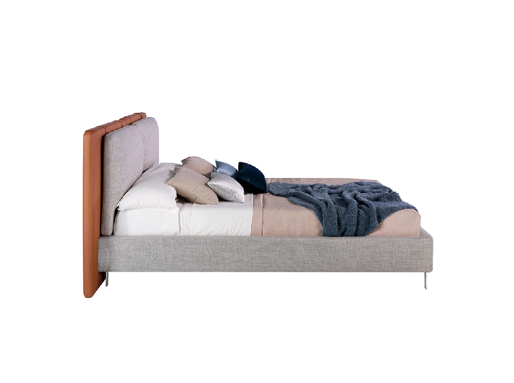 Bed upholstered in fabric and eco-leather with stainless steel legs