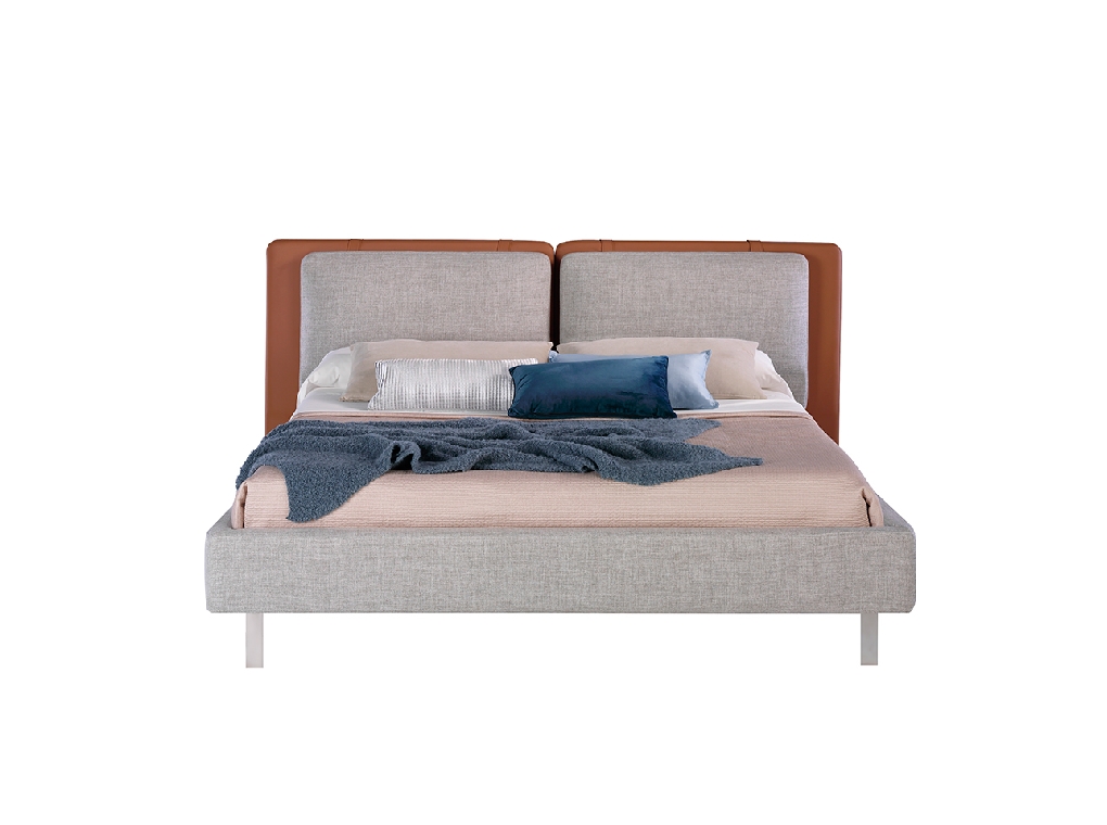 Bed upholstered in fabric and eco-leather with stainless steel legs