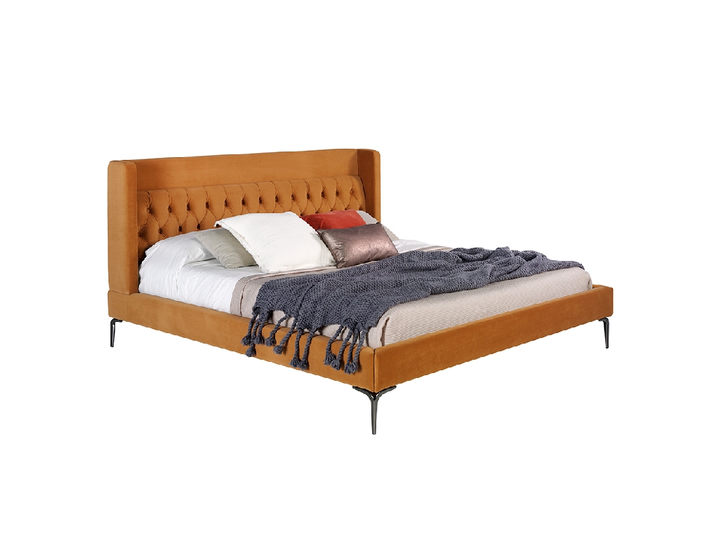 Upholstered bed upholstered in velvet fabric with polished steel legs