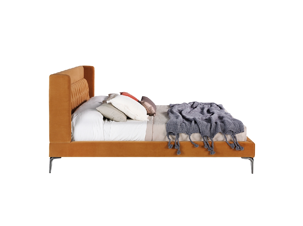 Upholstered bed upholstered in velvet fabric with polished steel legs