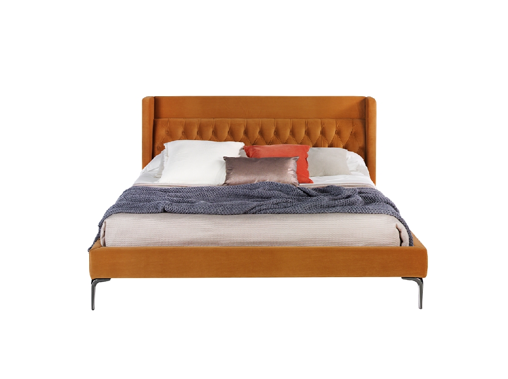 Upholstered bed upholstered in velvet fabric with polished steel legs