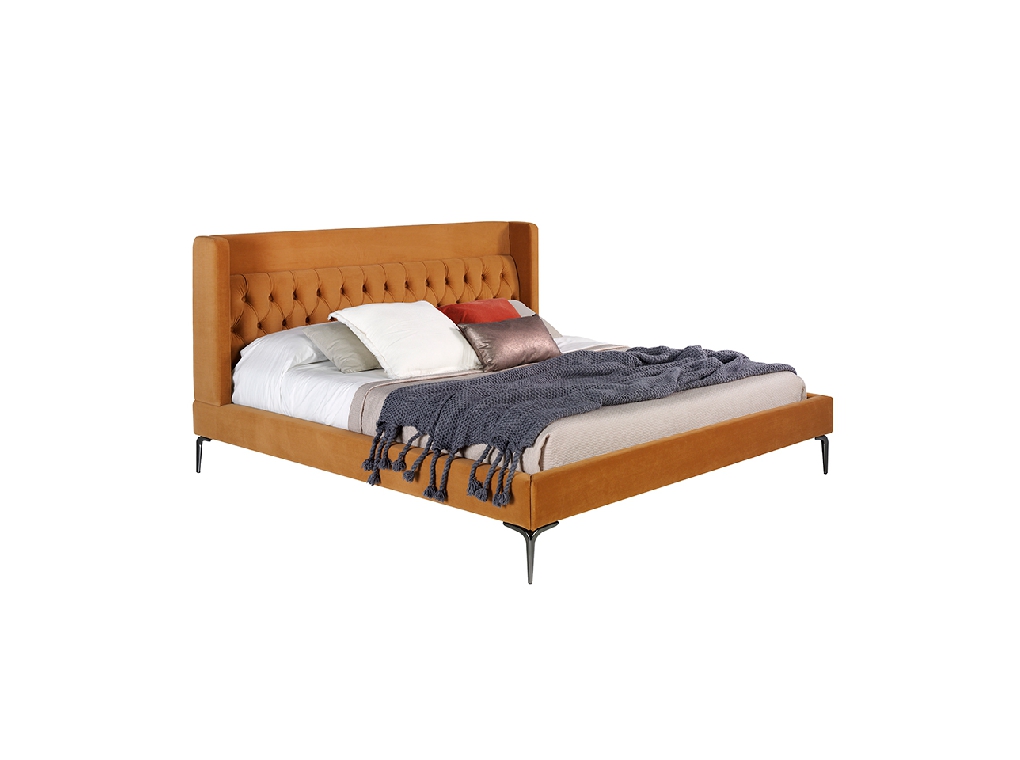 Upholstered bed upholstered in velvet fabric with polished steel legs Upholstered bed upholstered in velvet fabric with polished steel legs
