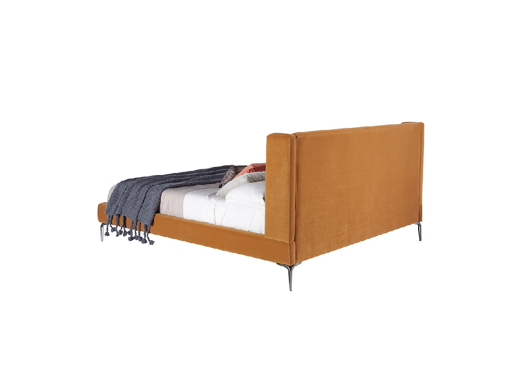 Upholstered bed upholstered in velvet fabric with polished steel legs Upholstered bed upholstered in velvet fabric with polished steel legs