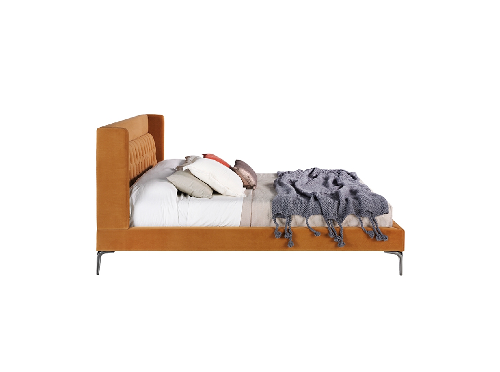 Upholstered bed upholstered in velvet fabric with polished steel legs Upholstered bed upholstered in velvet fabric with polished steel legs