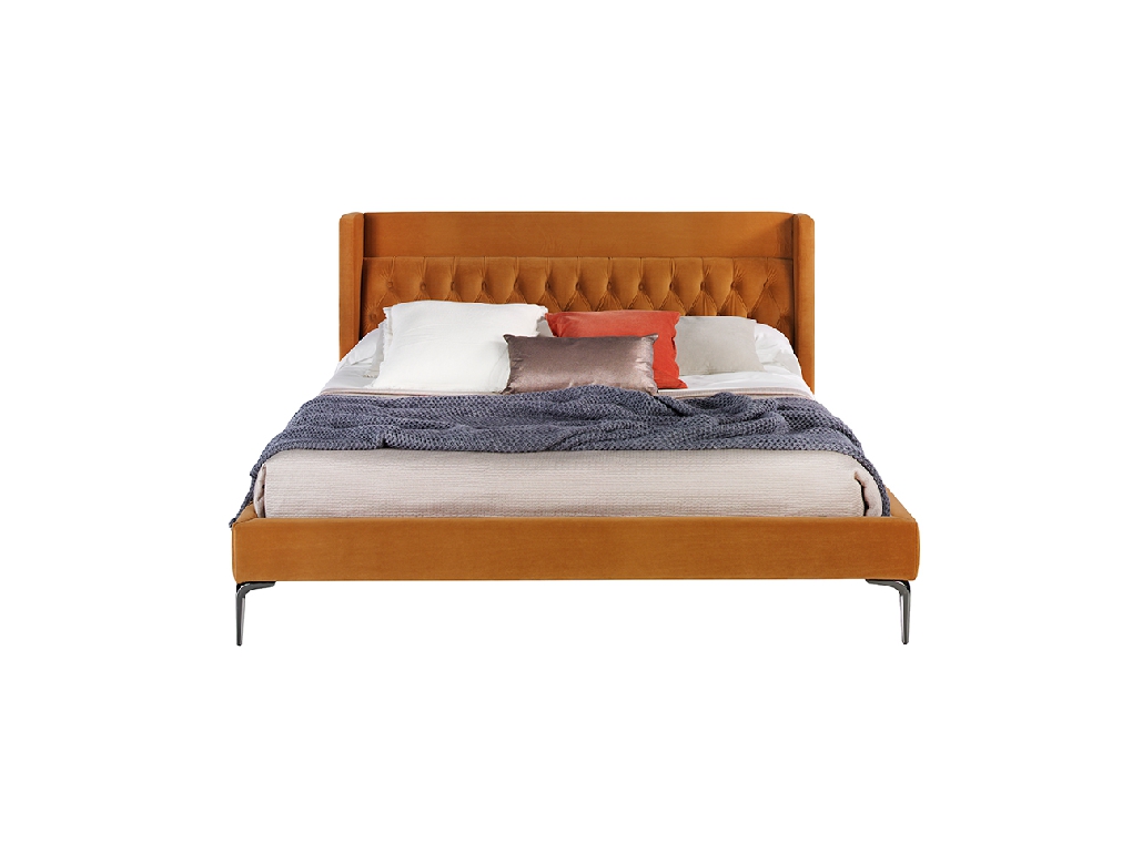 Upholstered bed upholstered in velvet fabric with polished steel legs Upholstered bed upholstered in velvet fabric with polished steel legs
