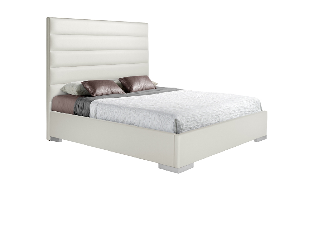 Upholstered bed upholstered in white leatherette and chromed steel