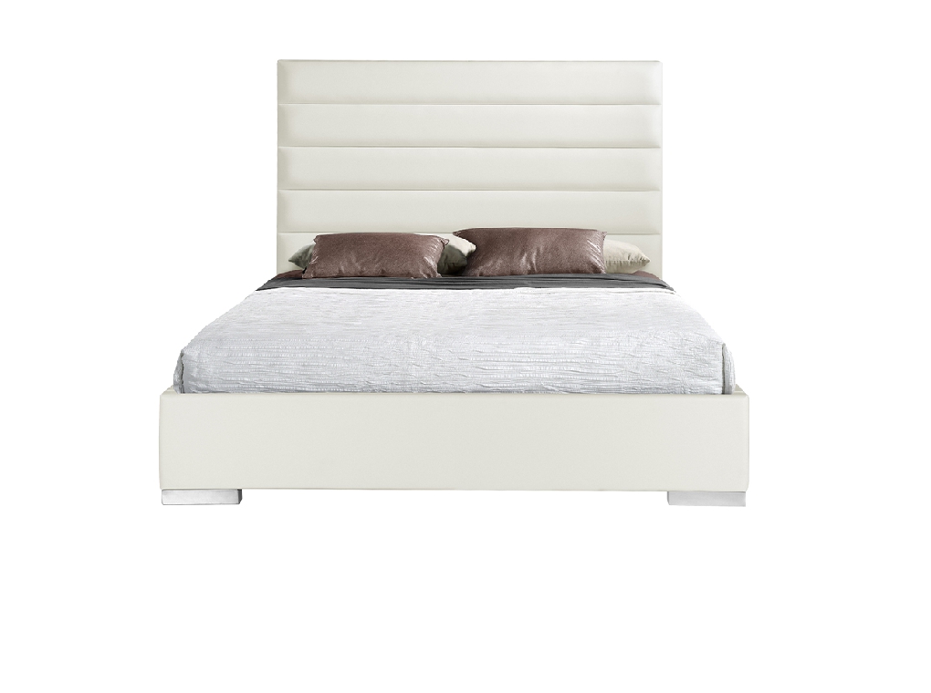 Upholstered bed upholstered in white leatherette and chromed steel