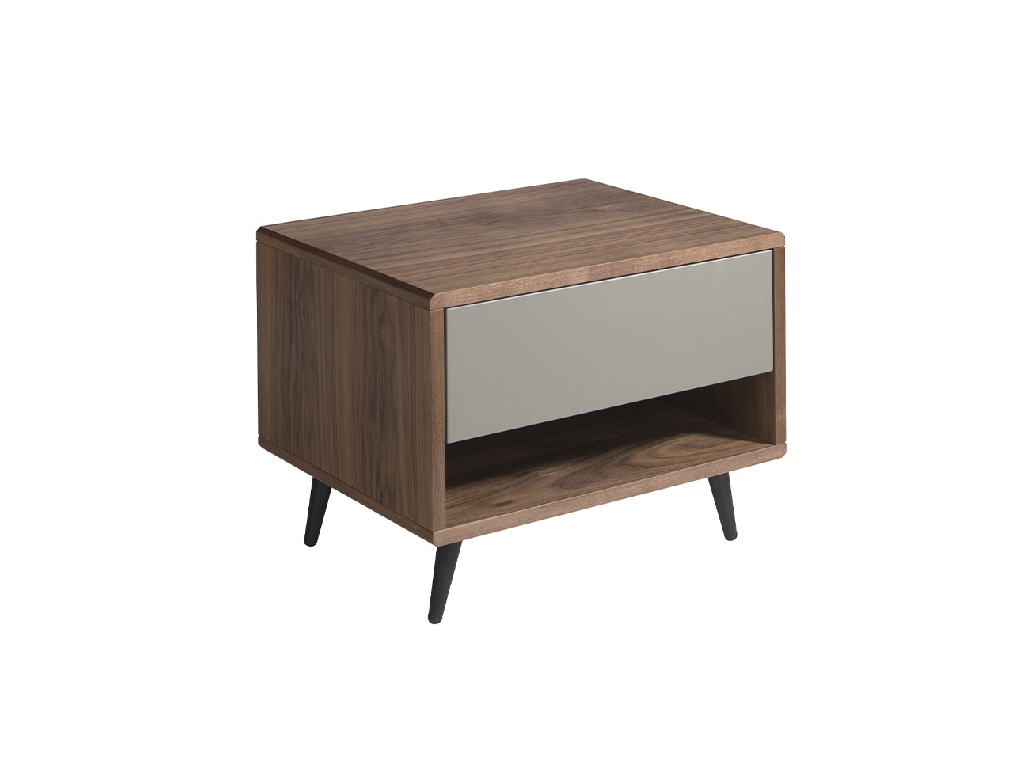 Bedside table in walnut wood and matt lacquered MDF drawer.
