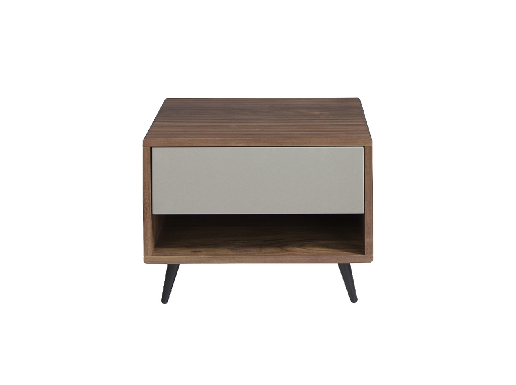 Bedside table in walnut wood and matt lacquered MDF drawer.