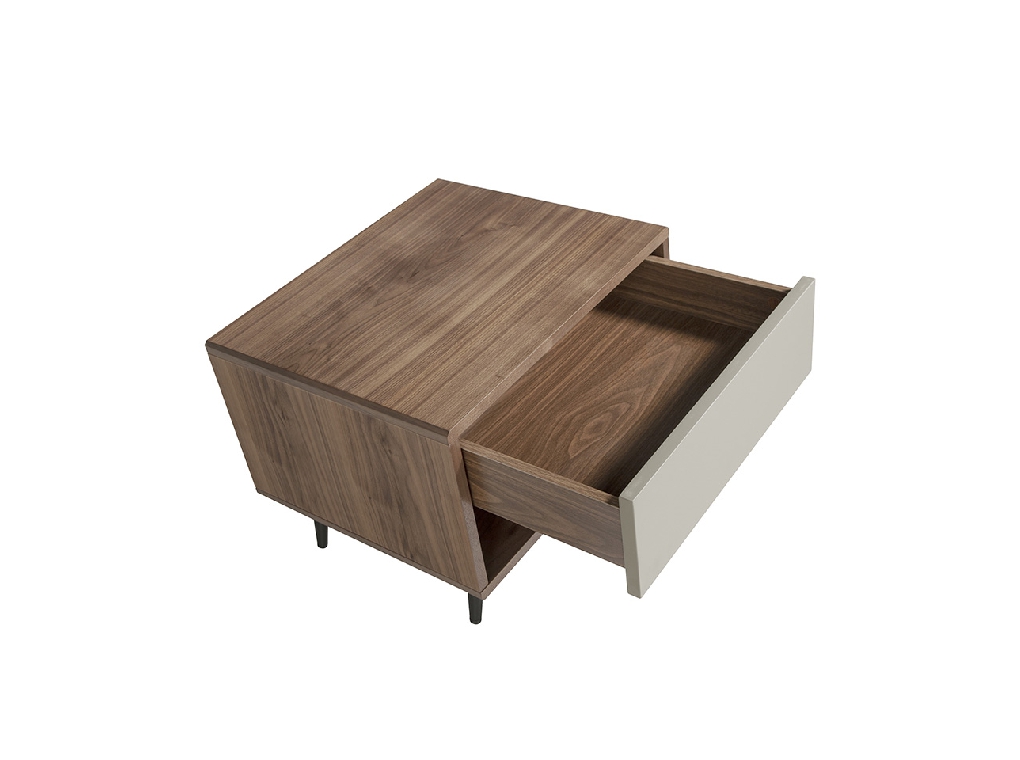 Bedside table in walnut wood and matt lacquered MDF drawer.