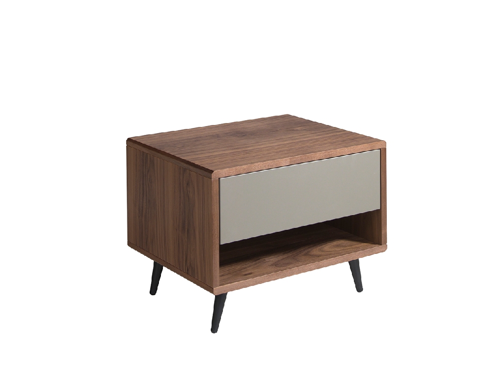 Bedside table in walnut wood and matt lacquered MDF drawer.
