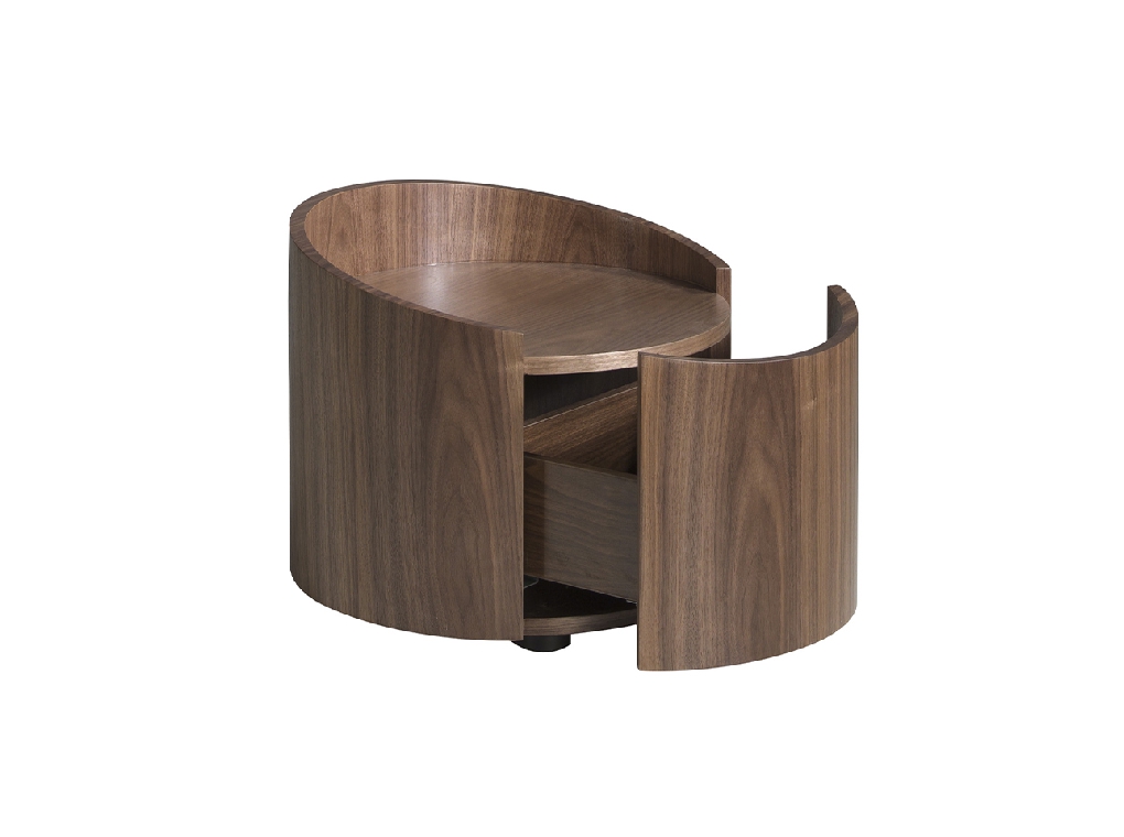 Round bedside table in walnut wood.