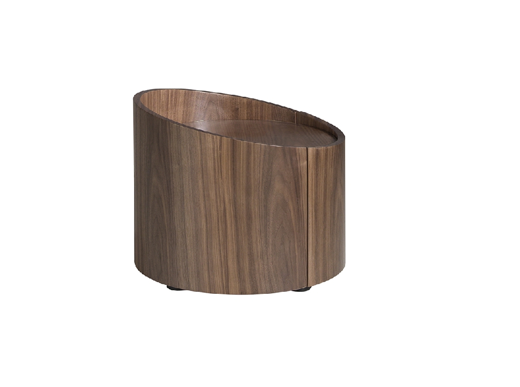 Round bedside table in walnut wood.