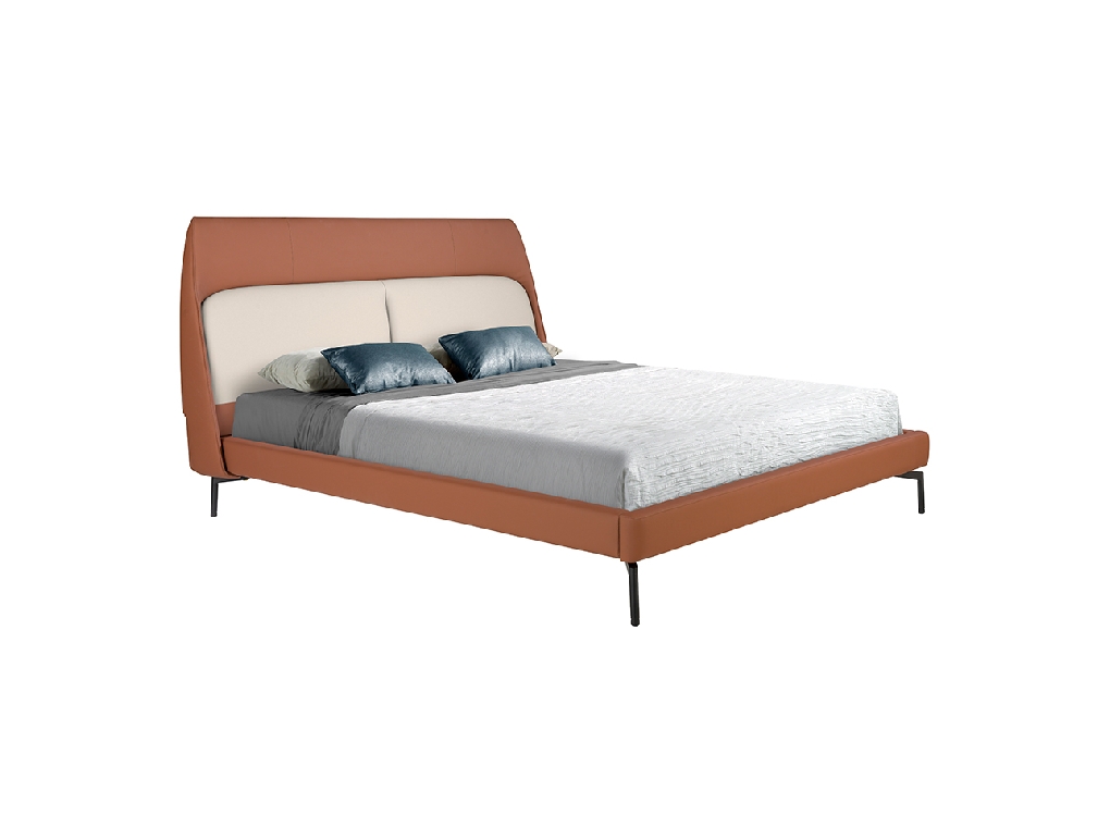 Upholstered bed in brown and grey eco-leather with steel legs